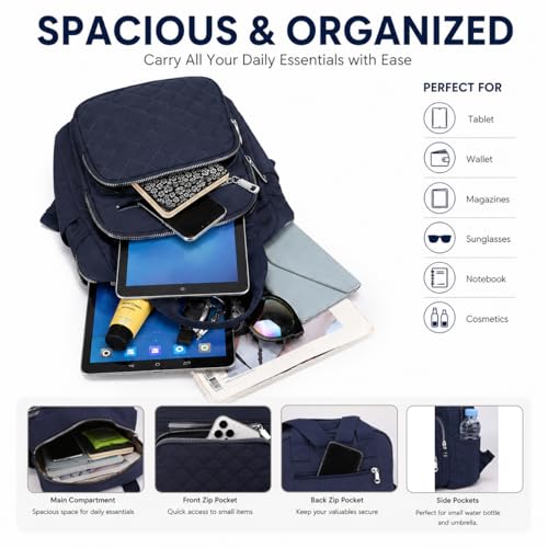 Small Backpack for Women Casual Quilted Square Bag Waterproof Multi Pockets Daypack Lightweight Top Handle Satchel - color: Dark Blue