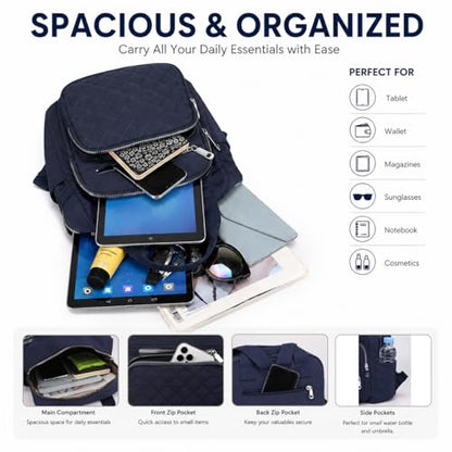 Small Backpack for Women Casual Quilted Square Bag Waterproof Multi Pockets Daypack Lightweight Top Handle Satchel - color: Dark Blue