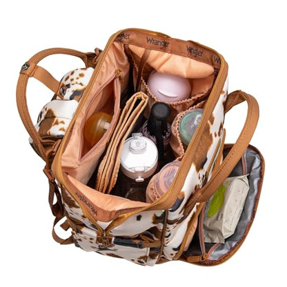 Montana West Wrangler Diaper Bag Backpack Aztec Callie Bag Travel Backpack Purses Western Multi-Function Baby Bags for Mom - color: 3pcs Cow Print Brown