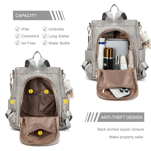 Soperwillton Women Fashion Backpack Purse Anti-Theft Leather Shoulder Bag Travel Multi Pockets Handbag Wallet Set 3pcs - color: Grey