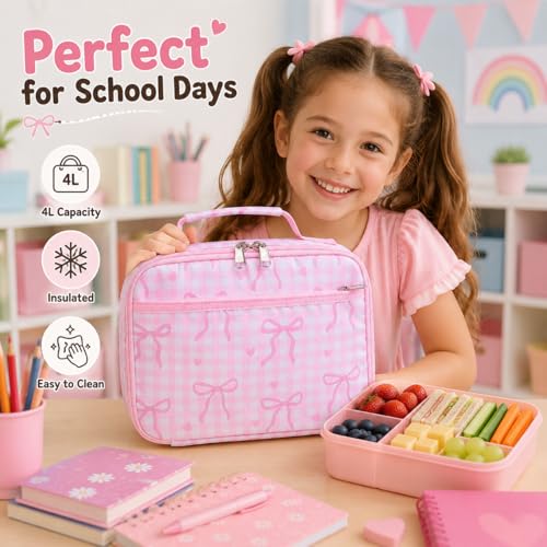LEDAOU Lunch Box Kids Insulated Lunch Bag Girls Boys Toddler Reusable Lunchbox for School Picnic Hiking (Checkered-Pink Bow) - color: Checkered-Pink Bow