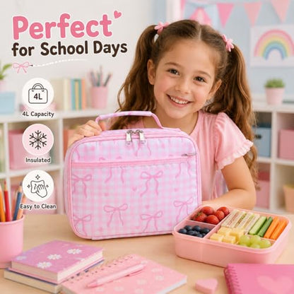 LEDAOU Lunch Box Kids Insulated Lunch Bag Girls Boys Toddler Reusable Lunchbox for School Picnic Hiking (Checkered-Pink Bow) - color: Checkered-Pink Bow