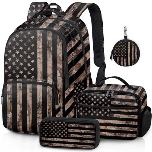 American Flag Backpack Set for Boys, Kids Camo USA flag Backpack for School with Lunch Box and Pencil Case Coin Purse, School Bookbag for Boys - color: Flag
