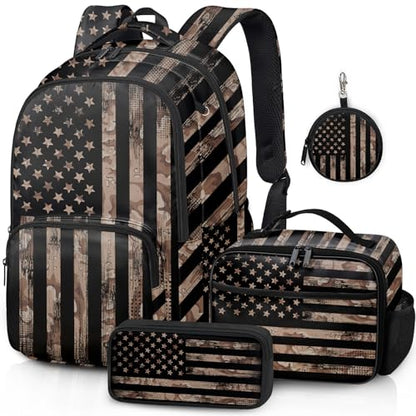 American Flag Backpack Set for Boys, Kids Camo USA flag Backpack for School with Lunch Box and Pencil Case Coin Purse, School Bookbag for Boys - color: Flag