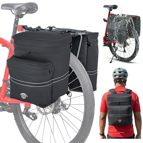 Nomad USA 34L Bicycle Saddlebags Pair XL 2-in-1 Bike Panniers Converts to Backpack Carry Bag Reflective Everyday Scooters Commuters Bike Rear Rack Bag w/Rain Cover for Students,City,Road,Mountains