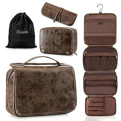Elviros Hanging Toiletry Bag Removable Travel Bag PU leather Makeup Cosmetic Organizer Kit, Coffee - color: Coffee