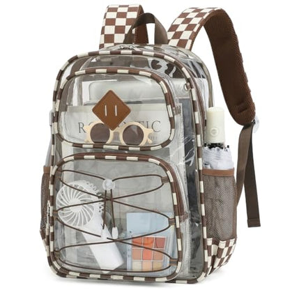 Clear Backpacks for Girls Women, Heavy Duty PVC Transparent Back Pack See Through Boys Kids Clear Bookbags for School Checkered Coffee - color: Checkered Coffee