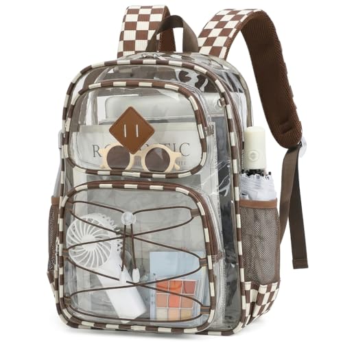 Clear Backpacks for Girls Women, Heavy Duty PVC Transparent Back Pack See Through Boys Kids Clear Bookbags for School Checkered Coffee - color: Checkered Coffee