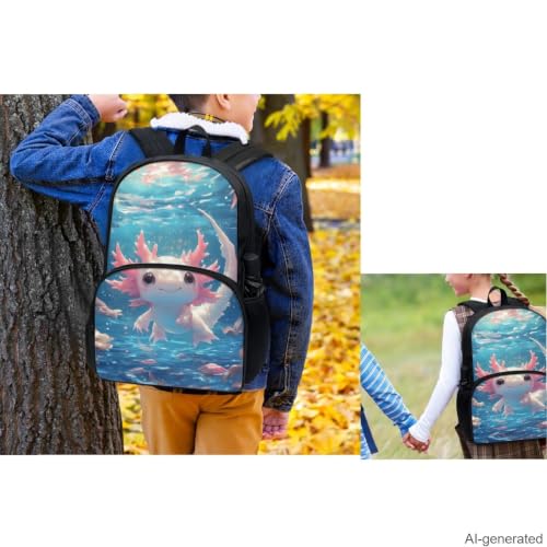 Cute Axolotl Backpack for Girls Kids Backpack with Lunch Box Water Bottle Holder and Big Pencil Pouch 4Pcs Set 17" Bookbag with Large Front Pocket for School Lightweight Elementary School Bag - color: Cute Axolotl