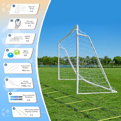 Soccer Goals for Backyard Soccer Goal 12x6 Big 10x6.5 8x6 6x4FT Soccer Goals for Youth Adults and Kids Large Metal 2" Goal Post with Agility Ladder and Target Net Soccer Cones Practice Equipment - style: 8×6 FT
