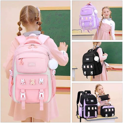 DIGOBAY 3PCS Girls Backpack for School, Kids Backpack for Girls with Lunch Box Pencil Case Set for Teen Girl Elementary Primary Middle High College School Bookbag with Cute Pins (Pink) - color: Pink