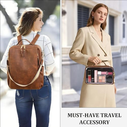 Dora & Liz Laptop Backpack for Women, Leather Travel Backpack with 15.6 Inch Laptop Compartment, College Work Computer Bag (Caramel-3P) - color: Caramel-3p