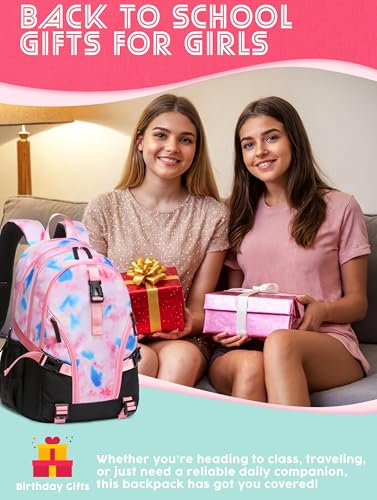 BLUEFAIRY High School Backpack for Girls Boys Middle School Bookbag for Kids Back to School Bag for College with Large Compartment Casual Daypack Mochilas para Niñas Adolescentes 18" Tie Dye Pink - color: Baby Pink