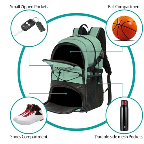 WOLT Basketball Backpack Large Sports Bag with Separate Ball Holder & Shoes Compartment, Best for Basketball, Soccer,Gym - color: Green