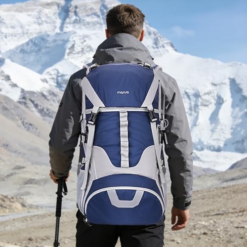 MOSISO 50L Hiking Backpack, Waterproof Camping Backpack with Rain Cover for Men Women, Lightweight Sport Daypack for Outdoor Camping Travel, Navy Blue