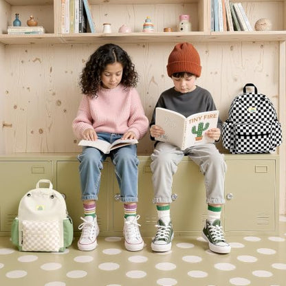 STEAMEDBUN Kids Backpack for Boys Girls 5-8, 15inch Girls Boys Backpacks Kindergarten - color: White&brown Checkerboard, size: SMALL-15"H(fit folder)