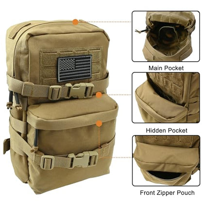 Tactical Mini Molle Hydration Pack,Molle Hydration Carrier with US Flag Water Resistant,Hydropack for Tactical Vest Backpack - style: Cb+bladder