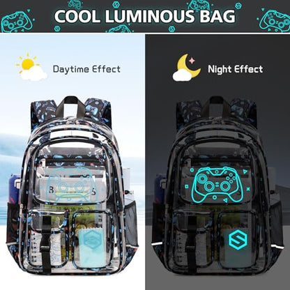 DIGOBAY 3PCS Cool Luminous Clear Backpack for Boys Kids, Gamer Clear Bookbag for School, See Through PVC Transparent Backpacks with Lunch Bag Pencil Case, Backpack Heavy Duty for School Stadium - color: Blue