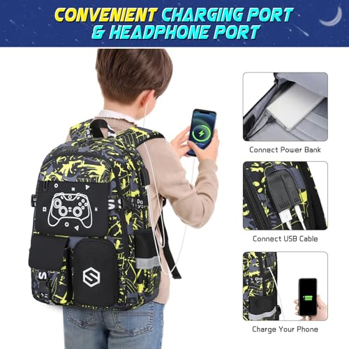 Scothen Boys Backpack, Cool Luminous School Backpacks for Boys with Lunch Bag Pencil Case, Kids Backpack Kindergarten Elementary Middle School Book Bags for Teen Boys Children with USB Charging Port - color: Yellow Graffiti
