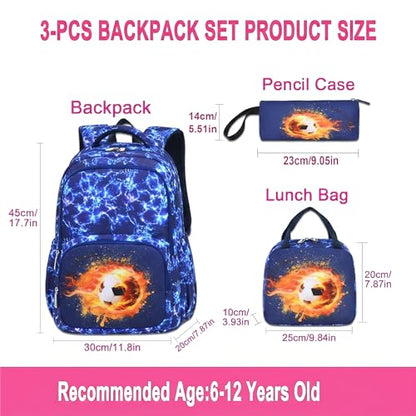 3PCS Kids Backpack Set, School Backpack with Lunch Bag & Pencil Case, Lightweight Waterproof Bookbag for Kids (Flame Soccer Blue) - color: Flame Soccer Blue
