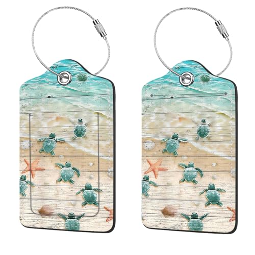 2 Pcs Luggage Tags for Suitcase, Cute Unique PU Leather Travel Bag Tag with Privacy Cover ID Label Address Card and Durable Metal Ring Suitable for Men Women Children Backpack,Turtle and Starfish - color: Turtle and Starfish