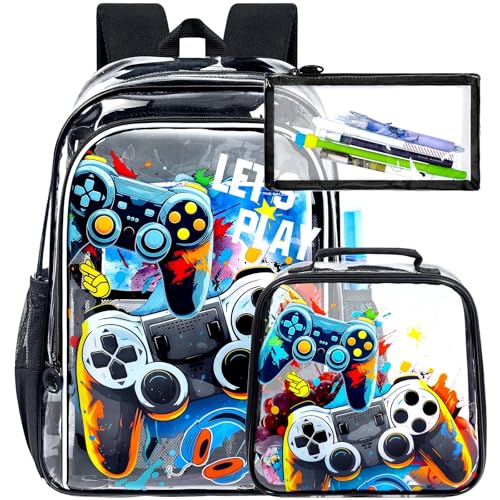 UFNDC 3PCS Clear Backpack for Girls and Boys, Unicorn Cat Transparent Bookbag, See Through School Bag for Kids Elementary - color: Boys Uv Printing Game Clear Backpack Black