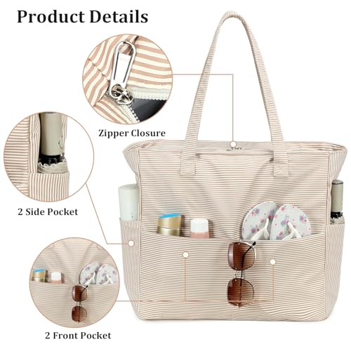 LEDAOU Beach Bag Waterproof Sandproof Women Beach Tote Pool Bag with Zipper for Swim Gym Grocery Travel with Wet Pocket | Sandproof - color: Brown Wwhite Stripes