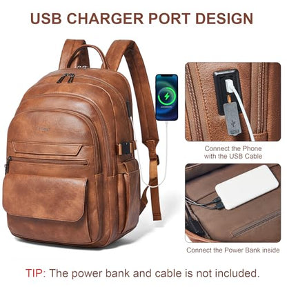 Vegan Leather Backpack, TSA Travel Backpack for Men and Women, Fits 17.0 Inch Notebook with Luggage Strap and USB Port, Brown - color: Brown