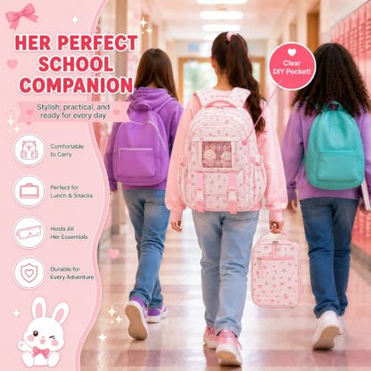 BTOOP Multi-Compartment Kids Backpack for Girls, 3PCS Cute Pink Bow School Backpack with Lunch Bag Pencil Case, Side Pocket Fits 40 oz Tumbler, Girls Bookbag for Elementary Middle School - color: Pink