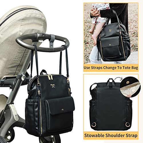 Miss Fong Leather Diaper Backpack - Baby Diaper Bag with 13 Pockets, Changing Pad, Stroller Straps, 4 Insulated Pockets (Black) - color: Black