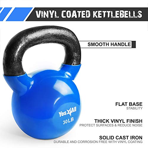 Yes4All Kettlebell, Vinyl Coated Kettlebell Cast Iron Sets with Stable Flat Bottom for Full Body Workout, Push up, Grip Strength Training & Weights Exercises - color: Blue, style: 5 - 30lb