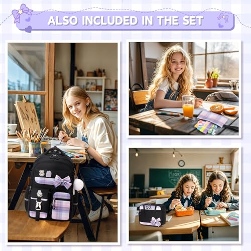 MOONBABY Girls Backpack, Kids Backpack for Girls School Bags with Lunch Bag & Pen Case, Bow Plaid Book Bag for Elementary Middle Primary High School College,Black-3pcs - color: Black Set
