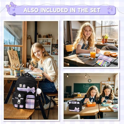 MOONBABY Girls Backpack, Kids Backpack for Girls School Bags with Lunch Bag & Pen Case, Bow Plaid Book Bag for Elementary Middle Primary High School College,Black-3pcs - color: Black Set