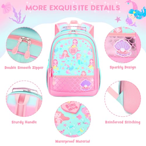 Kids Backpack for Girls 5-8, 4PCS Toddler Backpack with 13oz Kids Insulated Water Bottle, Lunch Box and Pencil Case, Girls Bookbag Schoolbag for Primary Kindergarten Elementary School - color: Green Mermaid