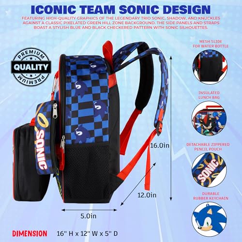 AI ACCESSORY INNOVATIONS Sonic the Hedgehog 5 PC Backpack Set for Girls & Boys, 16” Book Bag Featuring Sonic, Shadow, & Knuckles - color: Sonic, Shadow, & Knuckles