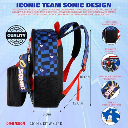AI ACCESSORY INNOVATIONS Sonic the Hedgehog 5 PC Backpack Set for Girls & Boys, 16” Book Bag Featuring Sonic, Shadow, & Knuckles - color: Sonic, Shadow, & Knuckles