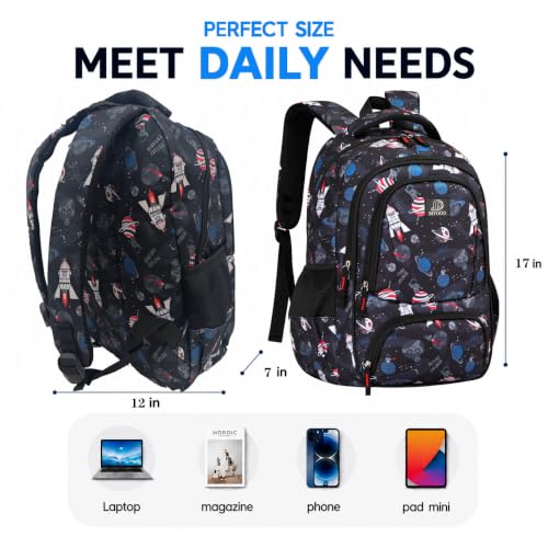 MYGOO Boys School Backpack Doubleday Astro Black Bookbag for Elementary Middle School Ages 5-12, 17 inch Large Capacity 24L Kids Student Travel Bags - color: Doubleday Astro Black