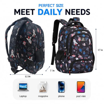 MYGOO Boys School Backpack Doubleday Astro Black Bookbag for Elementary Middle School Ages 5-12, 17 inch Large Capacity 24L Kids Student Travel Bags - color: Doubleday Astro Black