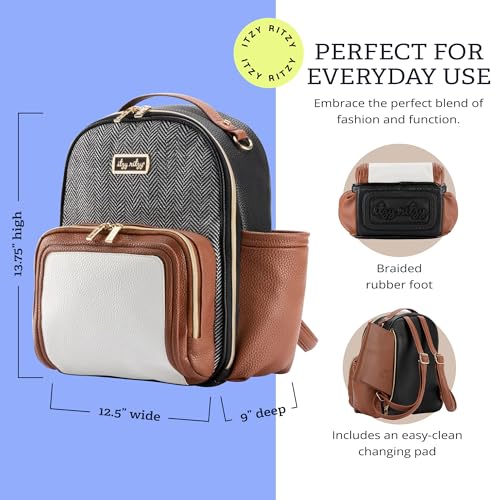Itzy Ritzy Mini Diaper Bag Backpack – Chic, Compact Mini Plus Backpack with Changing Pad, 10 Pockets (6 Internal, 4 External), Grab-Top Handle & Rubber Feet (Coffee & Cream) - color: Coffee & Cream