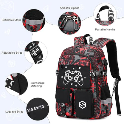 Scothen Boys Backpack, Cool Luminous Gamer School Backpacks for Boys with 14oz Insulated Water Bottle Lunch Bag Pencil Case, Kids Backpack Book Bags for Kindergarten Elementary Middle School - color: Red