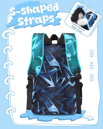 BLUEFAIRY Kids School Backpack for Boys Girls Ages 6-8 8-10 10-12 Elementary Middle School Book Bags with Laptop Compartment Mochilas Escolares para Niños Niñas de 8 10 12 Años (Blue, Geometric) - color: Blue