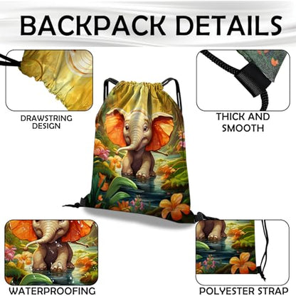 Drawstring Backpack Draw String Bag Waterproof for Sports Gym Beach Travel Cute Aesthetic Sackpack Men Women (13"×17")-Elephant - color: S-7-elephant