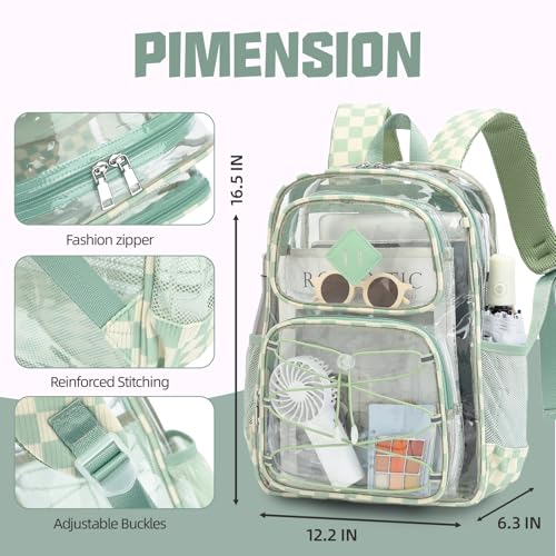 Clear Backpacks for Girls Women, Heavy Duty PVC Transparent Back Pack See Through Boys Kids Clear Bookbags for School Checkered Green - color: Checkered Green