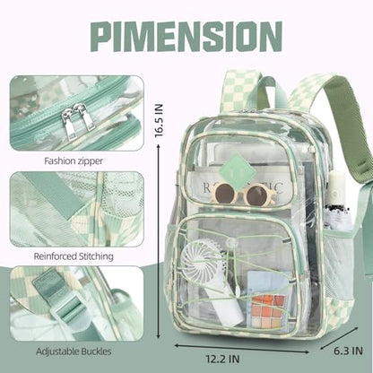 Clear Backpacks for Girls Women, Heavy Duty PVC Transparent Back Pack See Through Boys Kids Clear Bookbags for School Checkered Green - color: Checkered Green