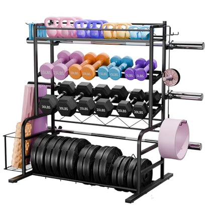 XL Adjustable Weight Rack for Dumbbells - Barbell Holder Bumper Plate Storage Rack with 3 Olympic Bar Racks, Dumbbell Rack Weight Stand,Home Gym Storage Rack for kettlebells,Yoga Mat