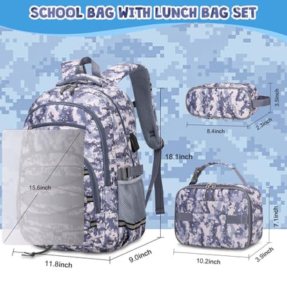 ACESAK Camo Backpack for Boys, Tactical Kids Backpack Boys, School Bags for Boy Children Teens Kids Elementary Middle High School, Military Bookbag and Lunch Bag Pencil Case Set with USB Charging Port - color: Grey Camo