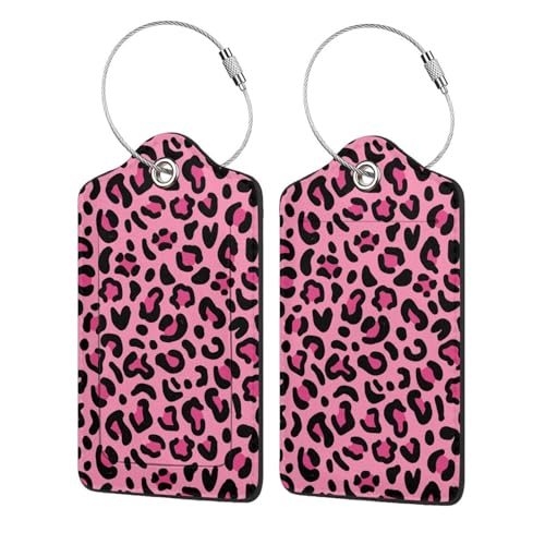 2P Pink Leopard Print Luggage Tags Privacy Cover ID Label with Stainless Steel Loop and Address Card for Travel Bag Suitcase Funny Cute Man Women Kids - color: Pink Cow Hide Brown