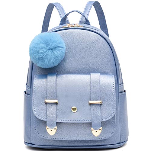 I IHAYNER Girls Fashion Backpack Mini Backpack Purse for Women Teenage Girls Purses PU Leather Pompom Backpack Shoulder Bag - color: Bright Blue