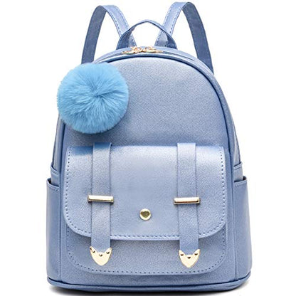 I IHAYNER Girls Fashion Backpack Mini Backpack Purse for Women Teenage Girls Purses PU Leather Pompom Backpack Shoulder Bag - color: Bright Blue