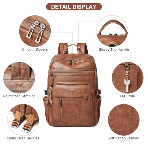 Shrrie Vegan Leather Laptop Backpack for Women,17 Inch Computer Backpack Purse for Work Business College Travel Teacher Nurse with Anti-theft Pocket & Giant Tumbler Holder Pocket,Caramel Brown - color: Caramel Brown